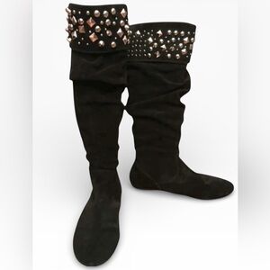 Gianni Bini Black Suede Leather Below Knee Studded Flat Slouch Boots Sz 7.5 EPOC